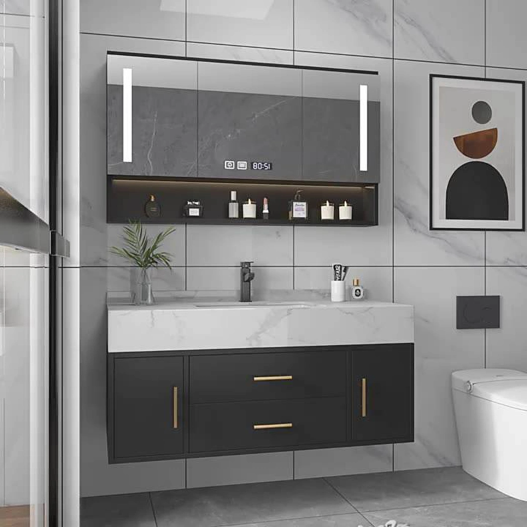 Modern Oak Bathroom Vanity Hotel Black Single Sink ตู้ห้องน้ำขนาดเล็กพร้อมตู้กระจกอัจฉริยะ