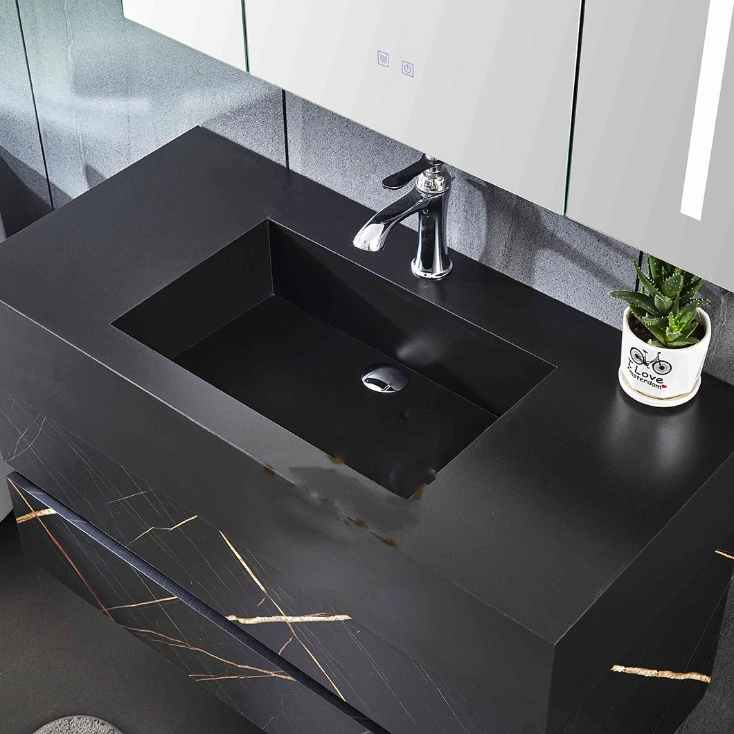 Modern Oak Bathroom Vanity Hotel Black Single Sink ตู้ห้องน้ำขนาดเล็กพร้อมตู้กระจกอัจฉริยะ