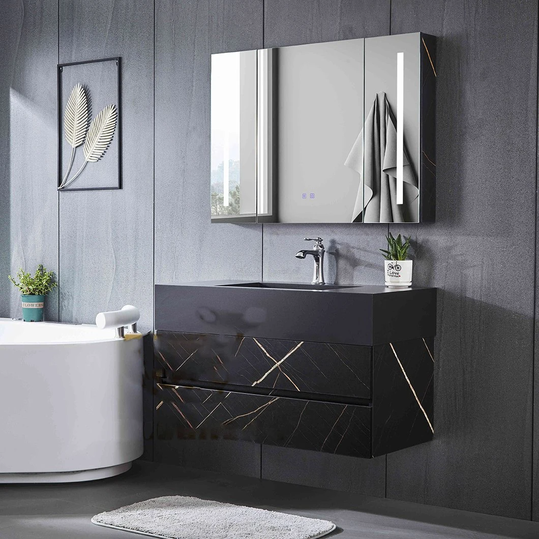 Modern Oak Bathroom Vanity Hotel Black Single Sink ตู้ห้องน้ำขนาดเล็กพร้อมตู้กระจกอัจฉริยะ