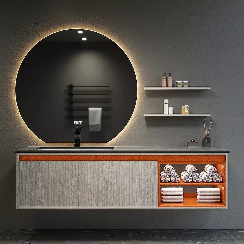 โต๊ะเครื่องแป้งห้องน้ำราคาถูกสีใหม่ร้อนยุโรปพร้อมกระจกกลม LED อ่างล้างจาน