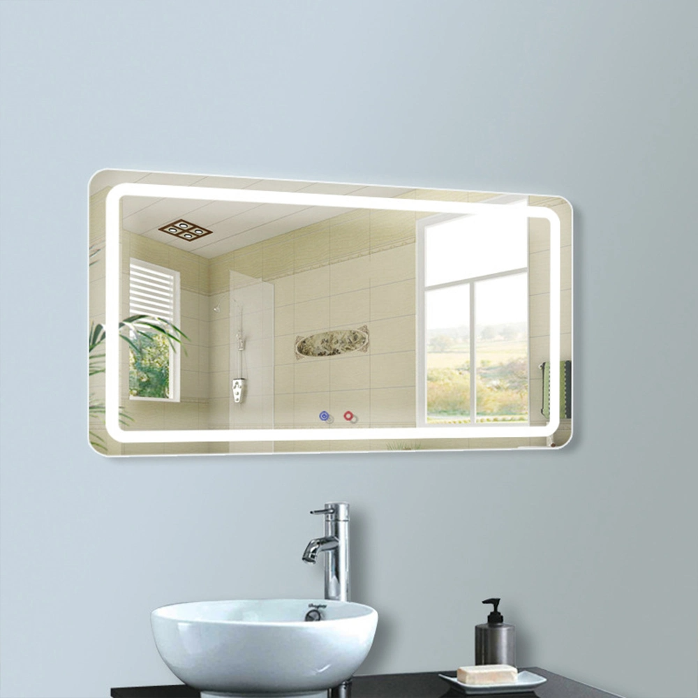 หรูหราตกแต่งบ้านสมาร์ทอ่างล้างหน้ากระจกห้องน้ำ LED ไร้กรอบ Backlit ผนังกระจกโต๊ะเครื่องแป้งกระจก