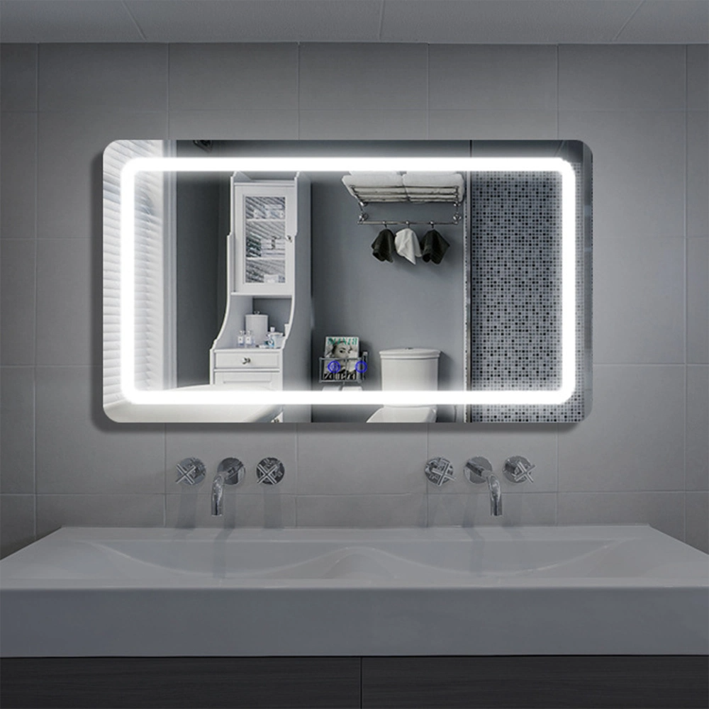หรูหราตกแต่งบ้านสมาร์ทอ่างล้างหน้ากระจกห้องน้ำ LED ไร้กรอบ Backlit ผนังกระจกโต๊ะเครื่องแป้งกระจก