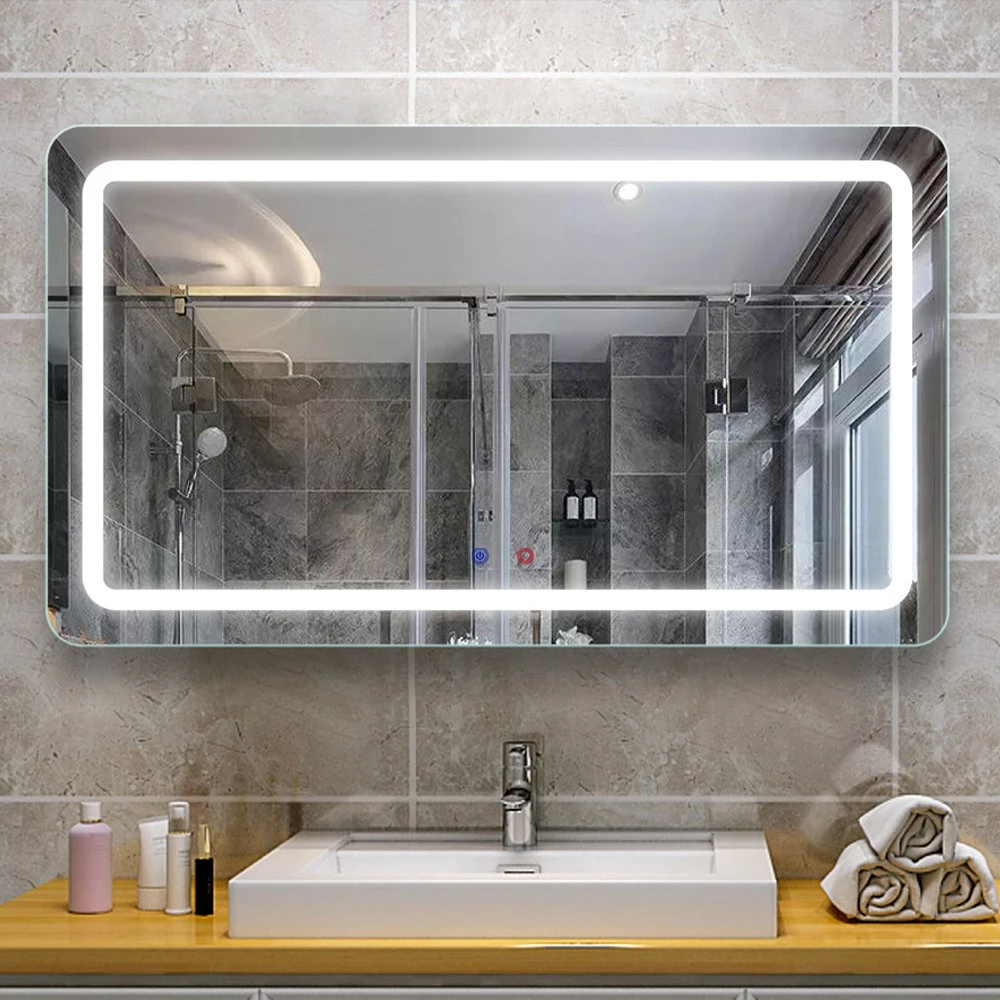 หรูหราตกแต่งบ้านสมาร์ทอ่างล้างหน้ากระจกห้องน้ำ LED ไร้กรอบ Backlit ผนังกระจกโต๊ะเครื่องแป้งกระจก