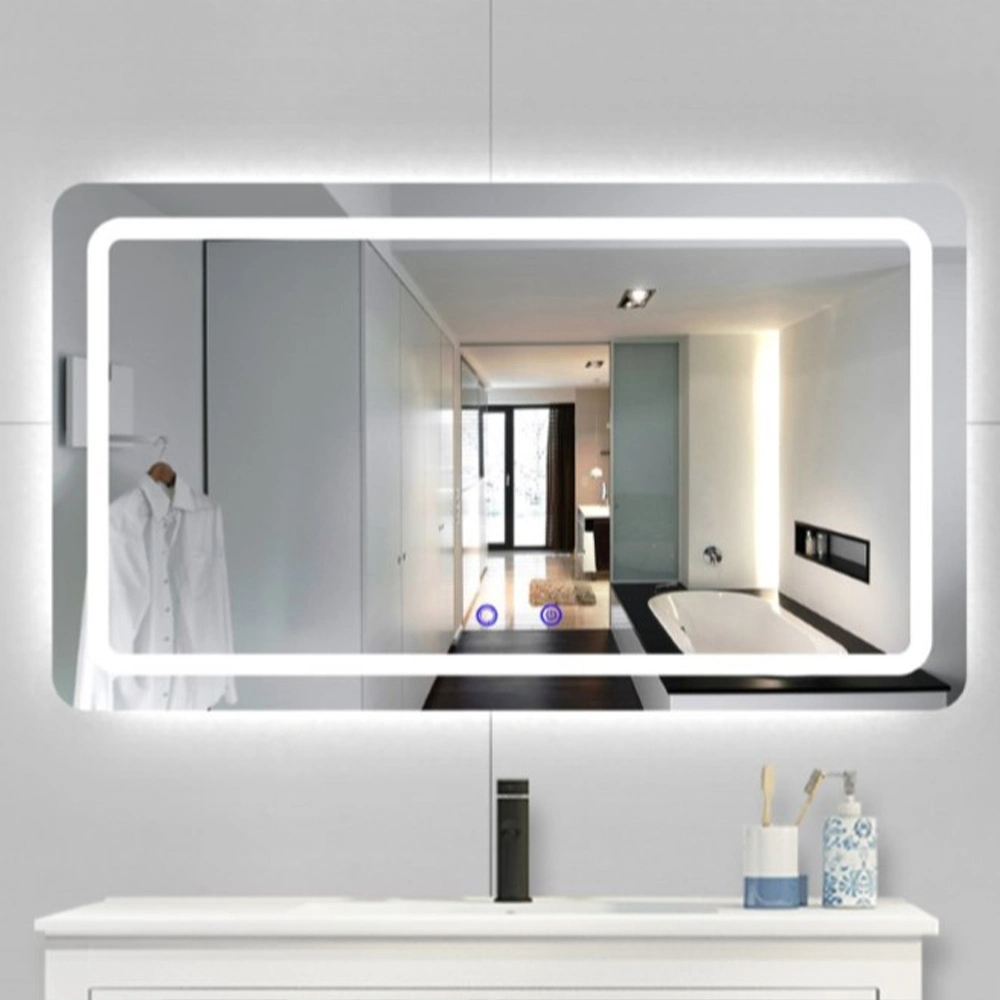 หรูหราตกแต่งบ้านสมาร์ทอ่างล้างหน้ากระจกห้องน้ำ LED ไร้กรอบ Backlit ผนังกระจกโต๊ะเครื่องแป้งกระจก