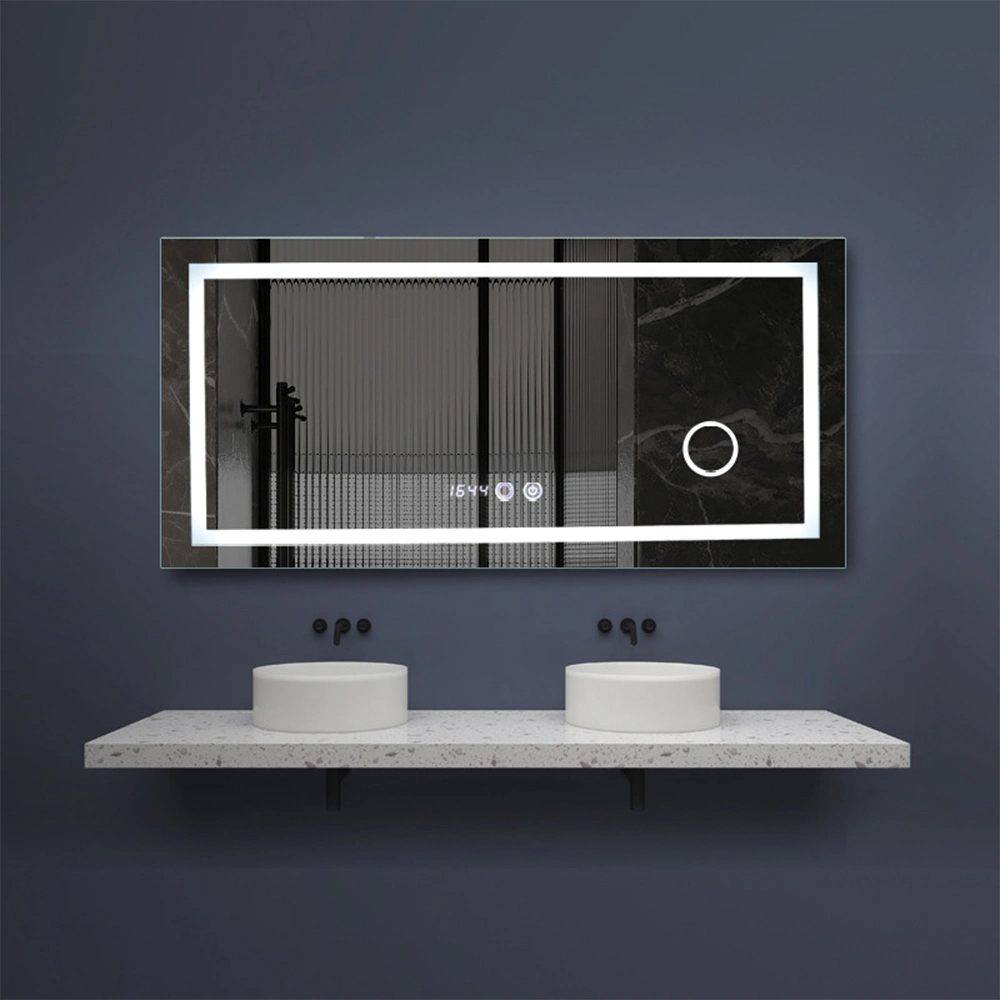 หรูหราตกแต่งบ้านสมาร์ทอ่างล้างหน้ากระจกห้องน้ำ LED ไร้กรอบ Backlit ผนังกระจกโต๊ะเครื่องแป้งกระจก