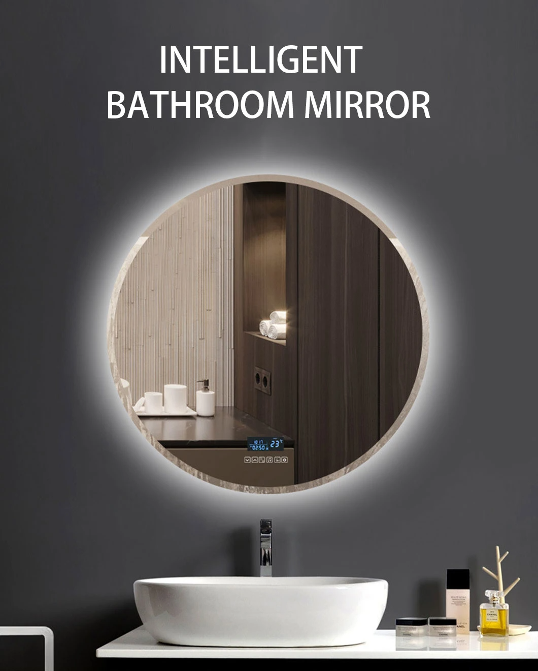 ไฟกันสนิมคุณภาพสูง Light up Round MID Century Modern Bathroom Mirror