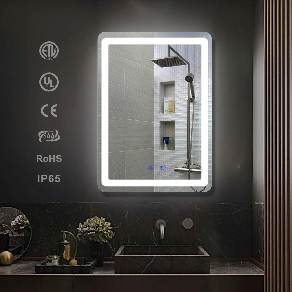 กระจกห้องน้ำอัจฉริยะบลูทูธไล่ฝ้า LED พร้อมนาฬิกาดิจิตอล