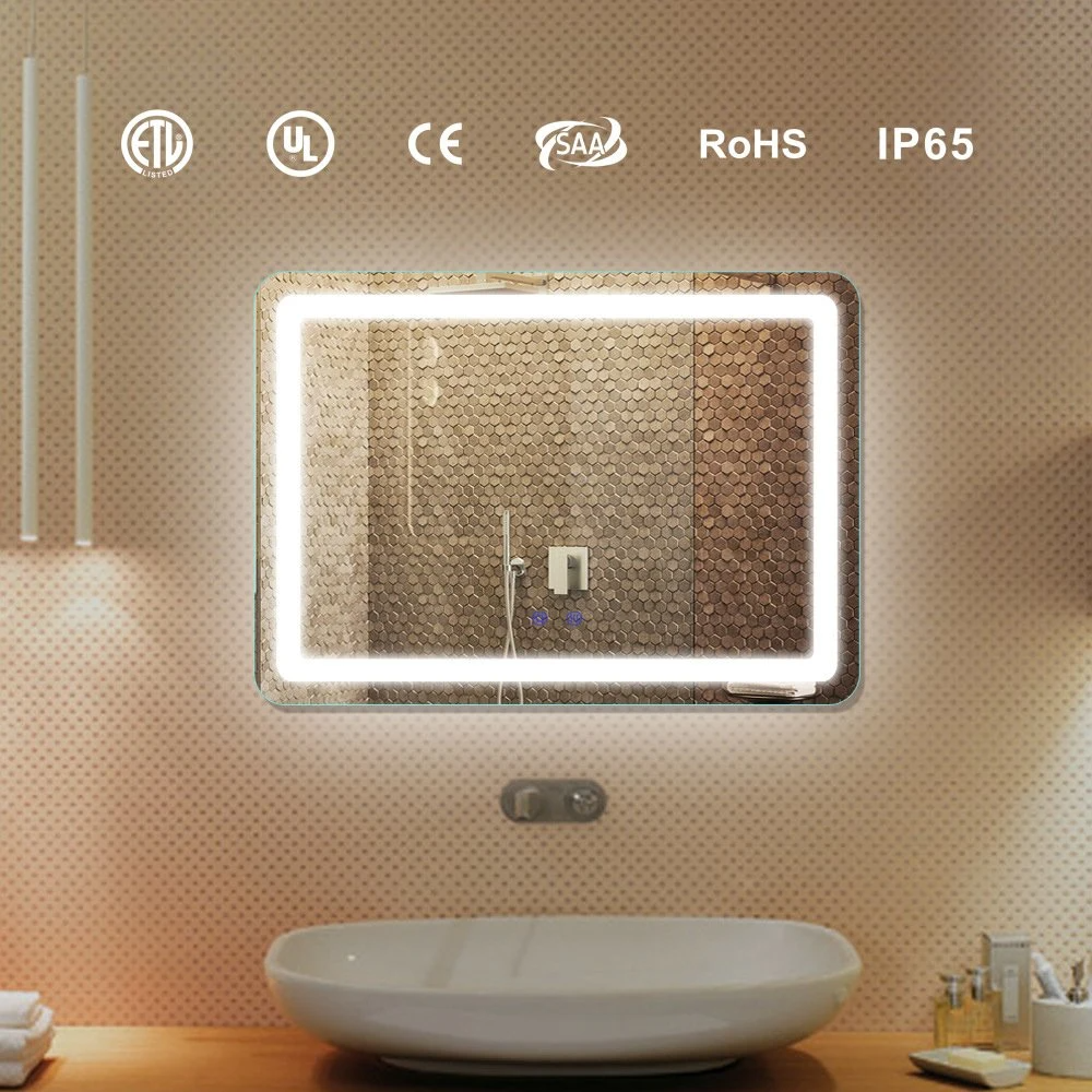 กระจกห้องน้ำอัจฉริยะบลูทูธไล่ฝ้า LED พร้อมนาฬิกาดิจิตอล