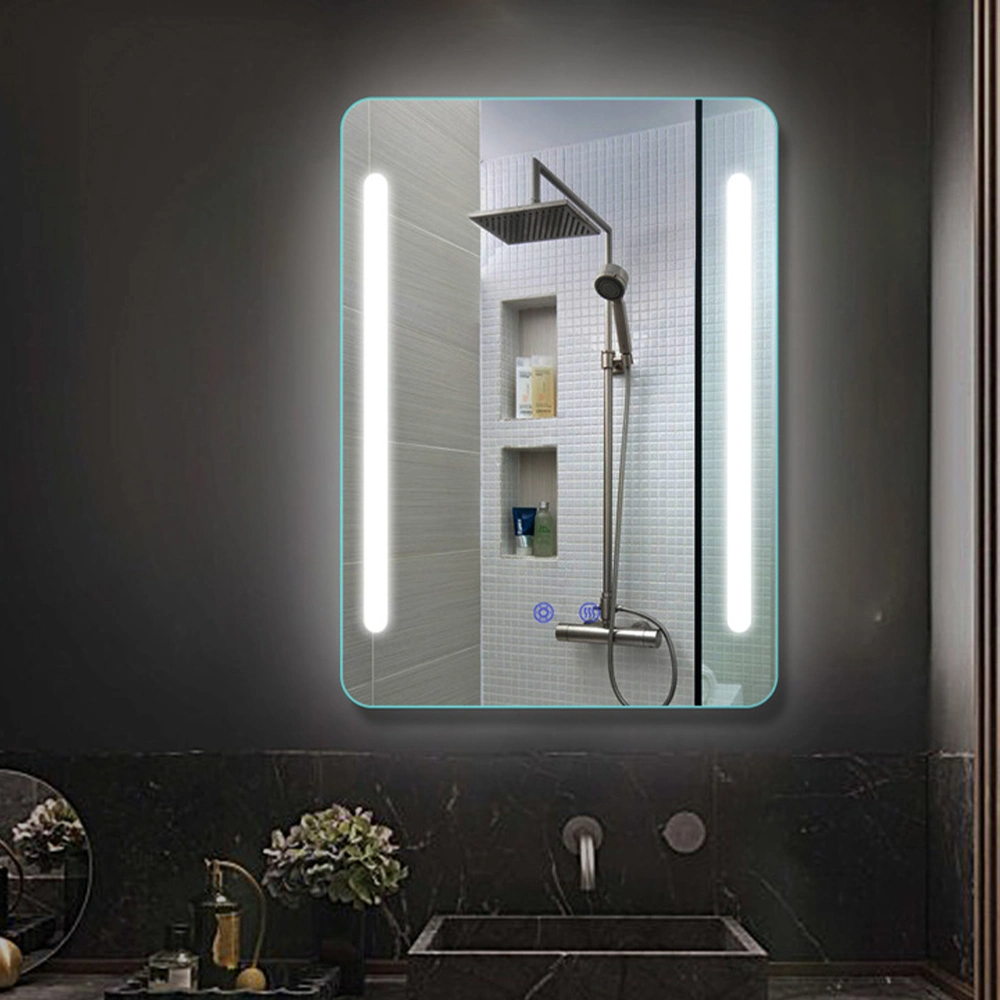 สี่เหลี่ยมผืนผ้าสี่เหลี่ยมติดผนัง LED Lighted Bathroom Make up Mirror ของตกแต่งบ้านพร้อมฟังก์ชั่น Anti-Fog Glass Mirror Smart Home