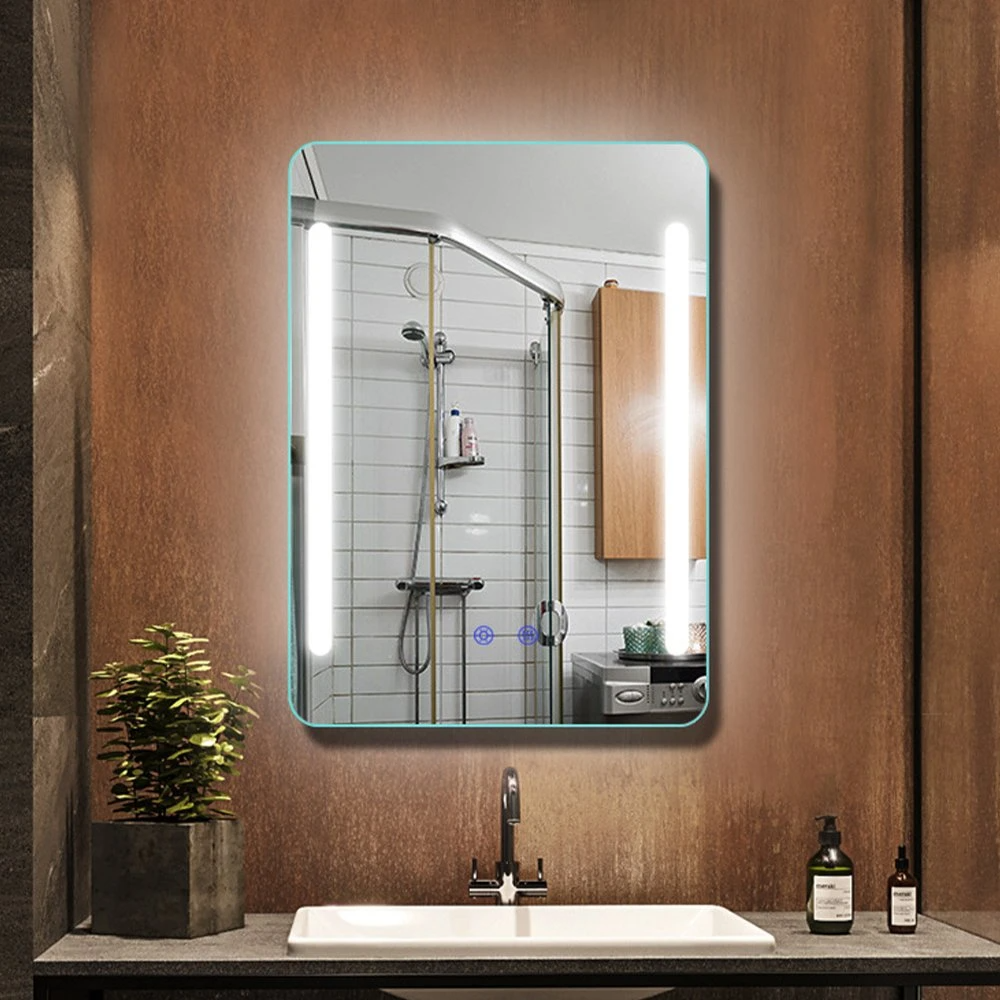 สี่เหลี่ยมผืนผ้าสี่เหลี่ยมติดผนัง LED Lighted Bathroom Make up Mirror ของตกแต่งบ้านพร้อมฟังก์ชั่น Anti-Fog Glass Mirror Smart Home